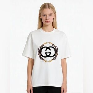 Gucci White Short Sleeve Tee with Black and Gold Logo